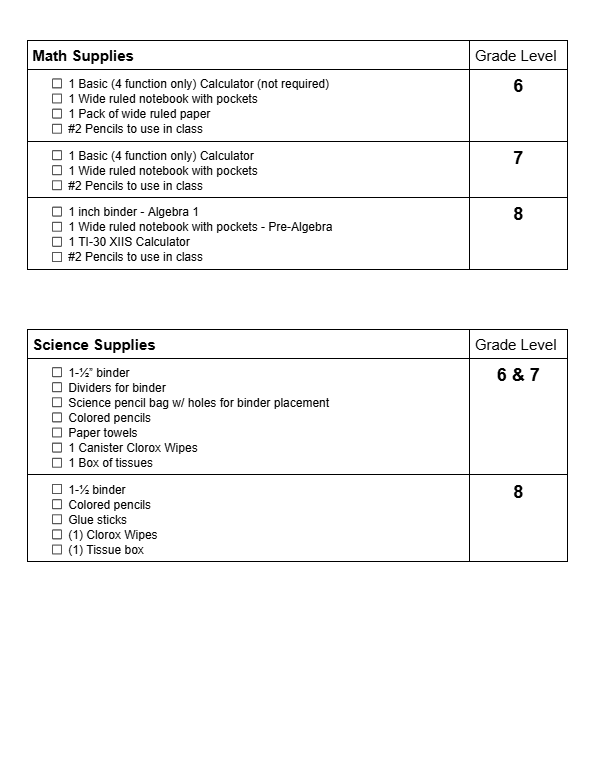 CMS School Supplies Lists