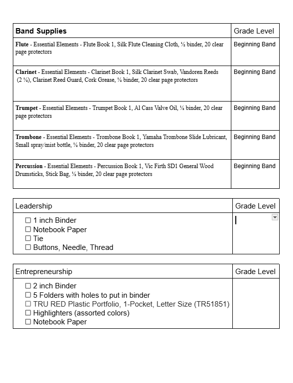 CMS School Supplies Lists