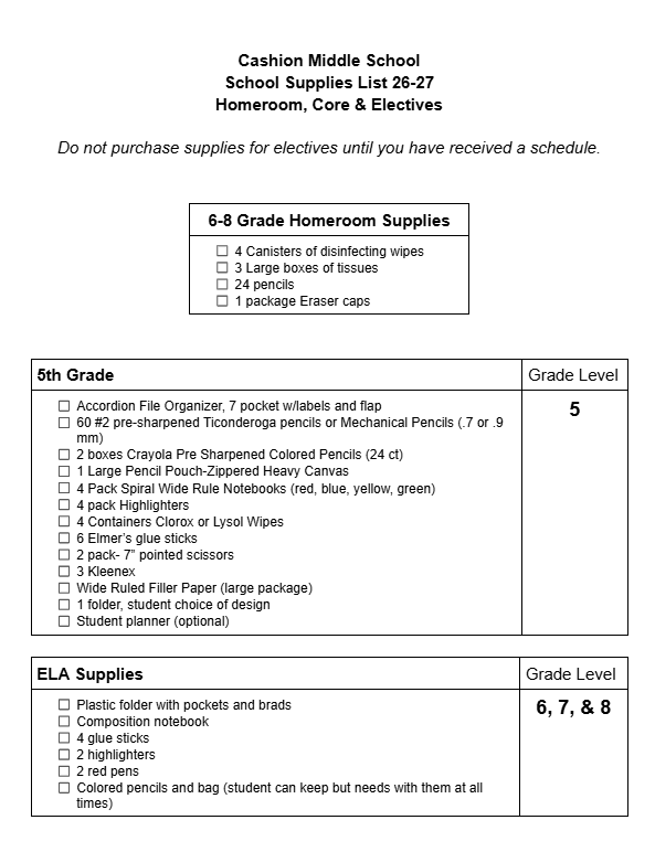 CMS School Supplies Lists