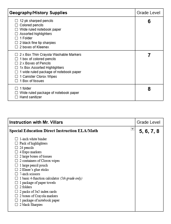 CMS School Supplies Lists