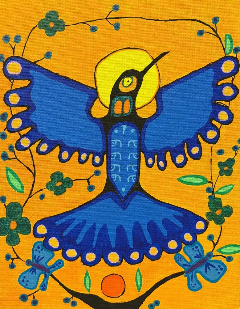 Painting of a blue bird on yellow-orange background surrounded by flowers, butterflies and blueberries. Done in the Eastern Woodland Style of painting.