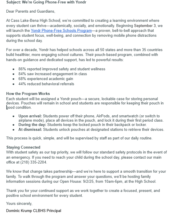 Parent letter about phone pouches