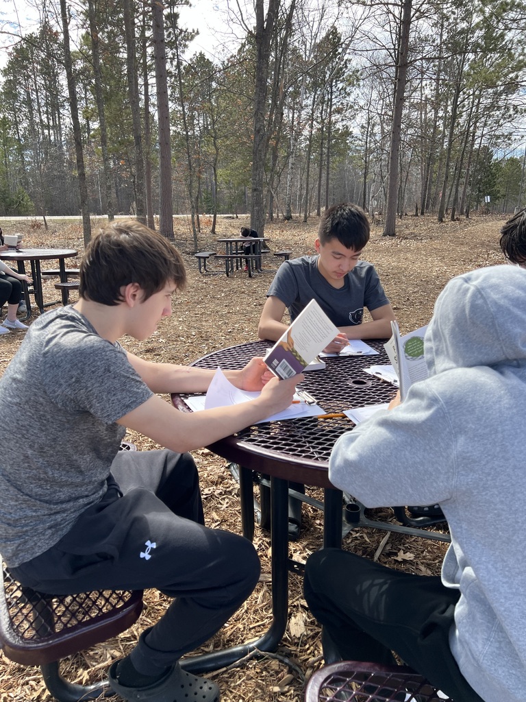 Students sitting at tables reading and writing.