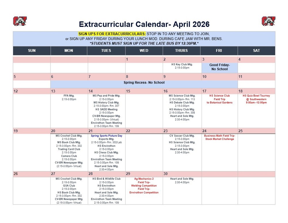 April Extracurricular Calendar