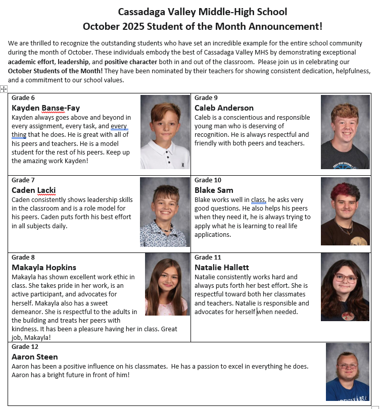 October 2025 Students of the Month
