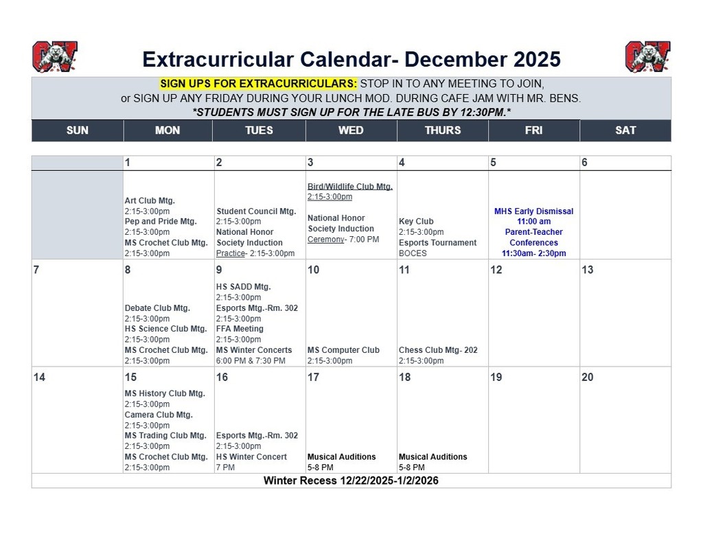 extracurricular calendar