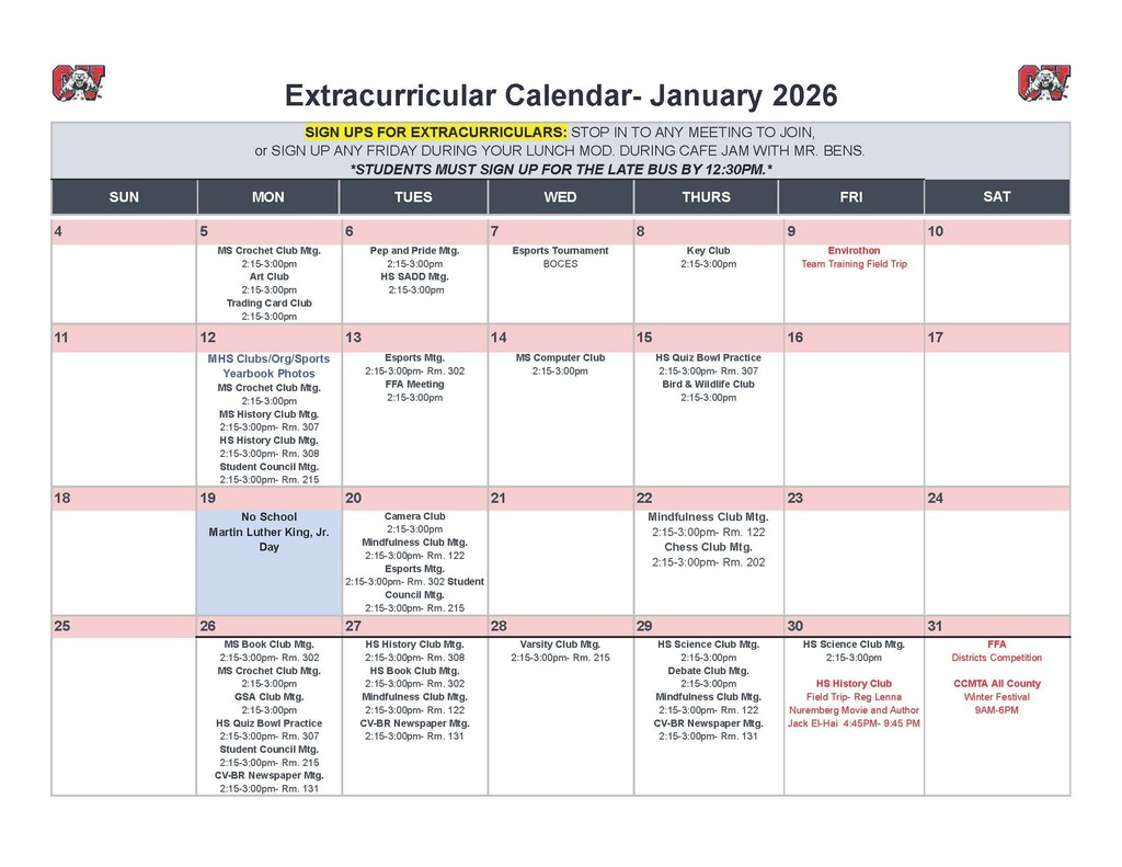 extracurricular calendar