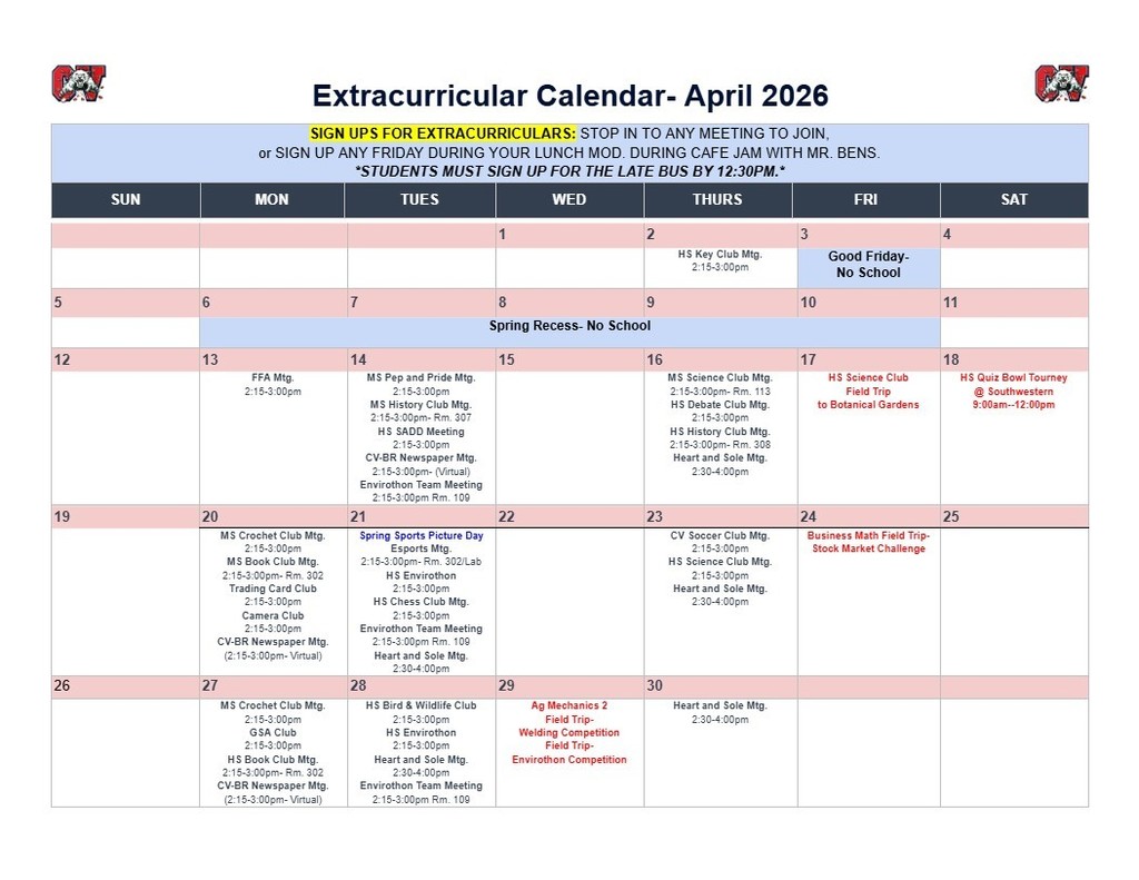 April Extracurricular Calendar