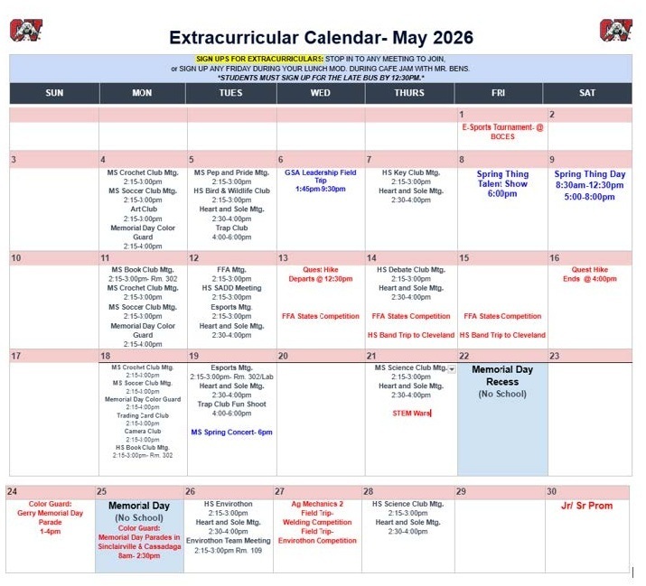 May Extracurricular Calendar