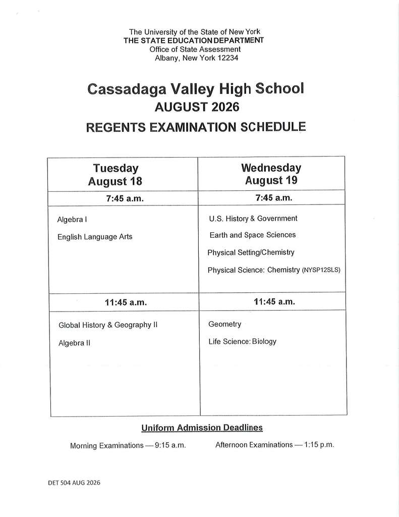 August regents schedule