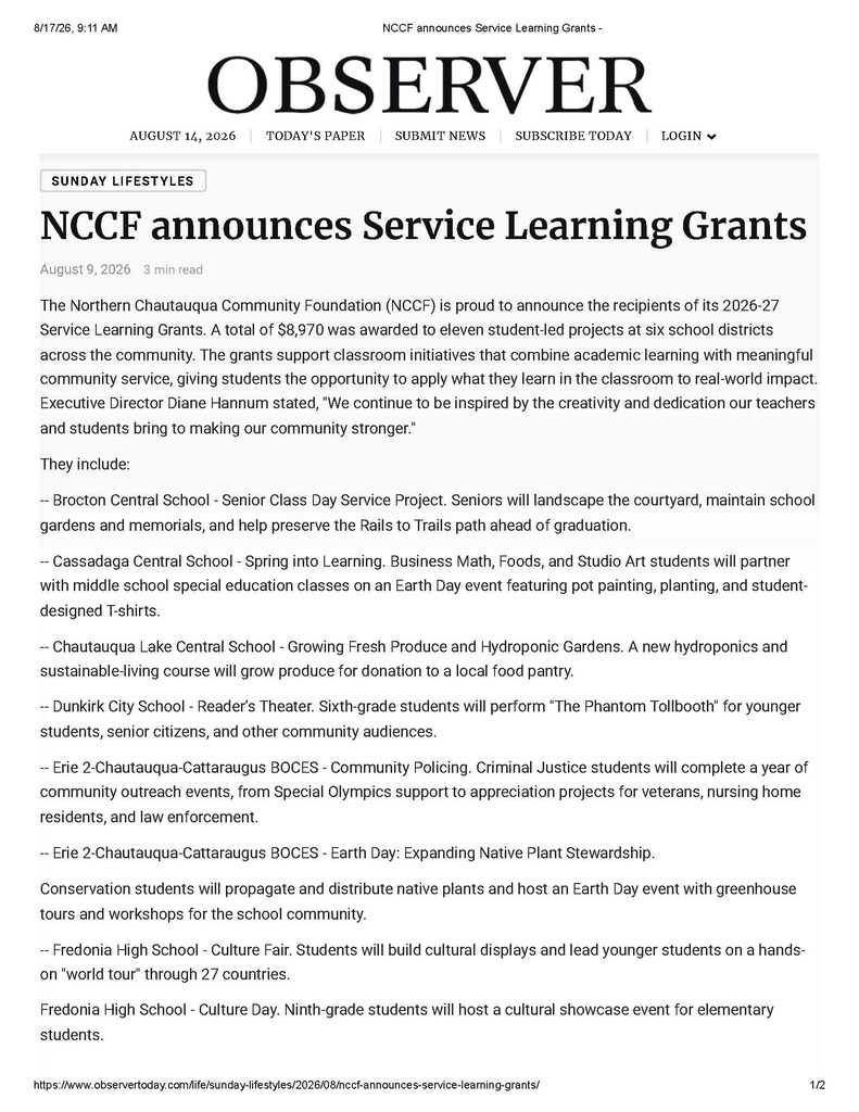 Observer Article - NCCF Grant