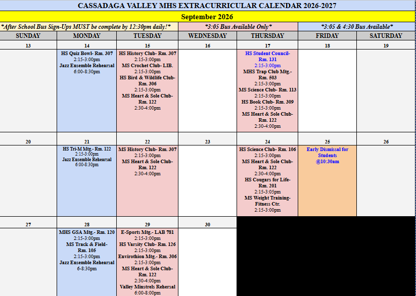 September Extracurricular Calendar