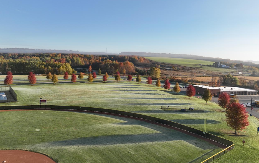 drone pic of campus showing fall colors