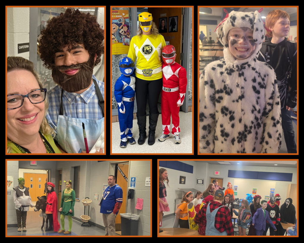 Students and staff in Halloween costumes 