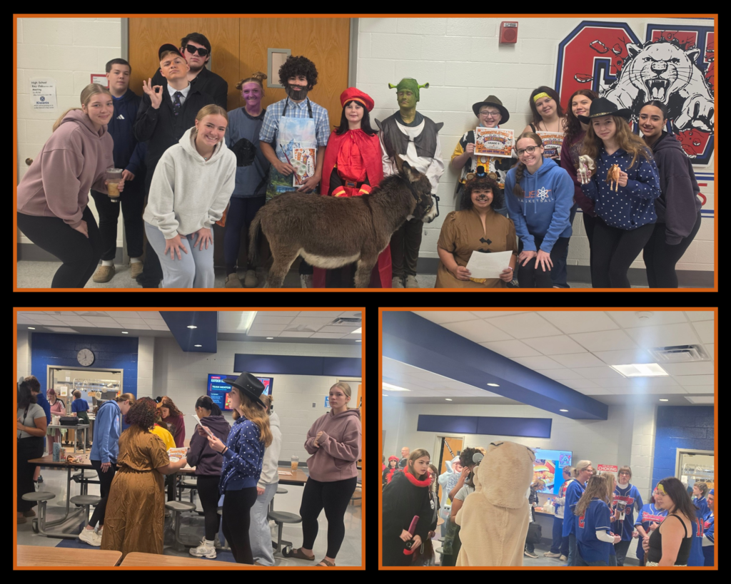 Students and staff in Halloween costumes 