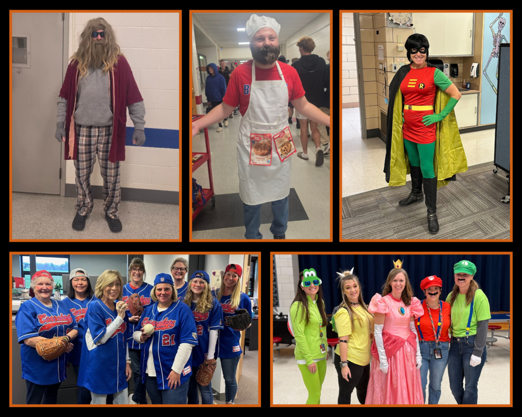 Students and staff in Halloween costumes 