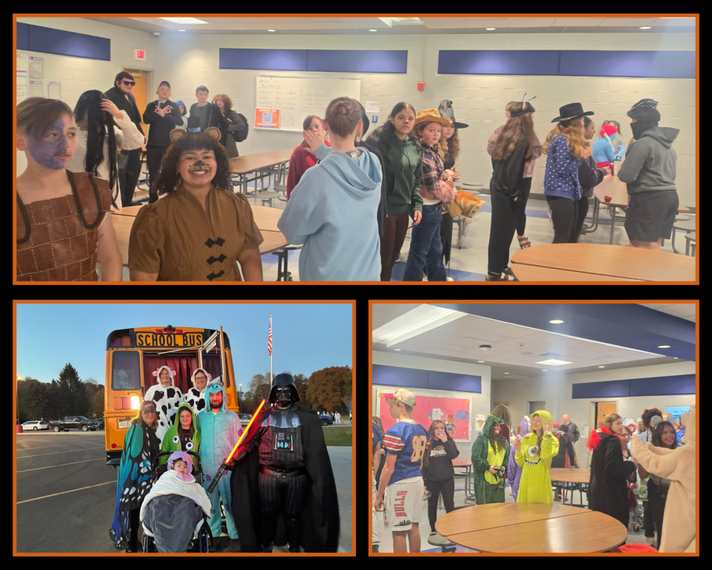 Students and staff in Halloween costumes 