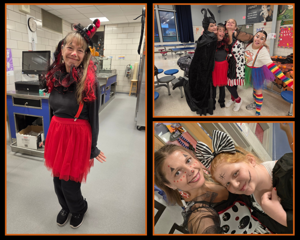 Students and staff in Halloween costumes 