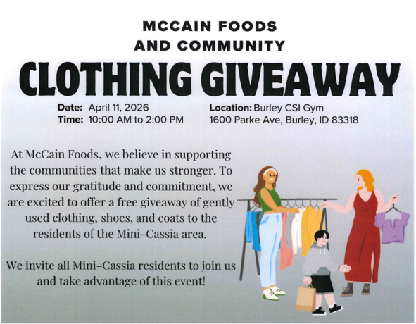 Clothing Giveaway April 11th from 10 AM to 2 PM at Burley CSI Gym