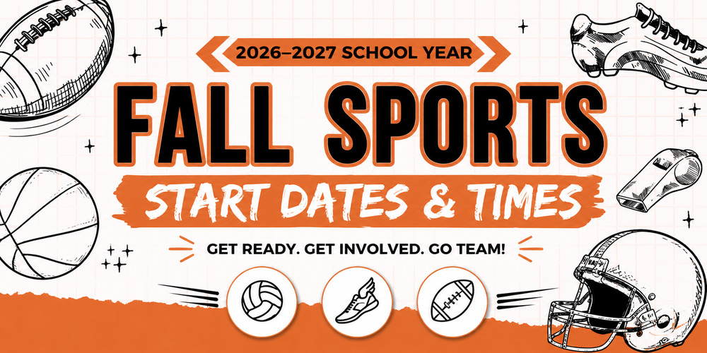 Fall sports start dates & times graphic with sport icons and team colors, orange and black.