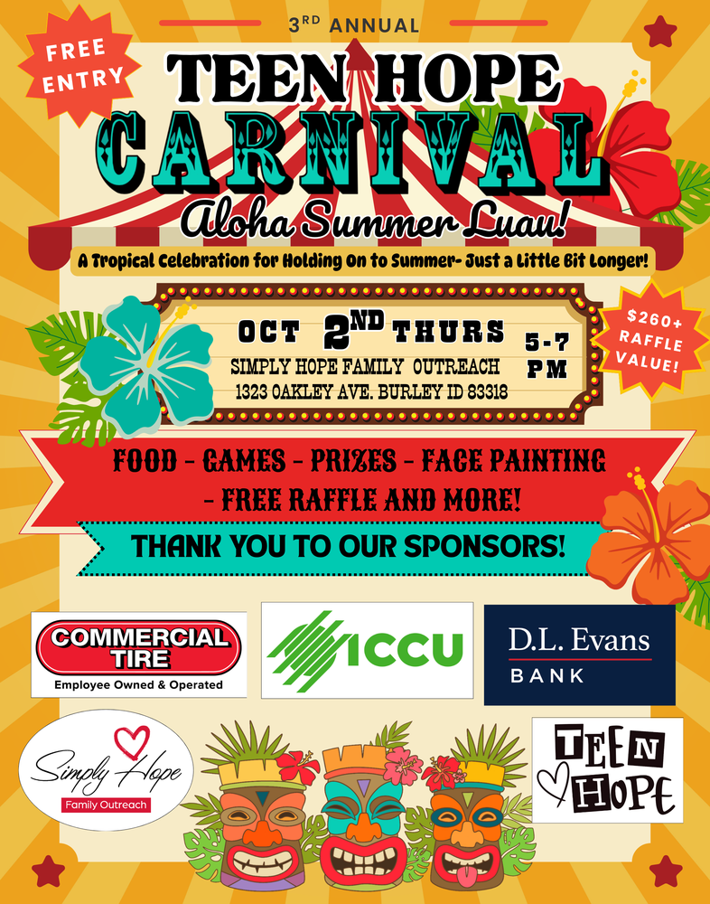 Teen Hope Carnival October 2nd from 5-7 PM at 1323 Oakly Avenue in Burley - Families welcome