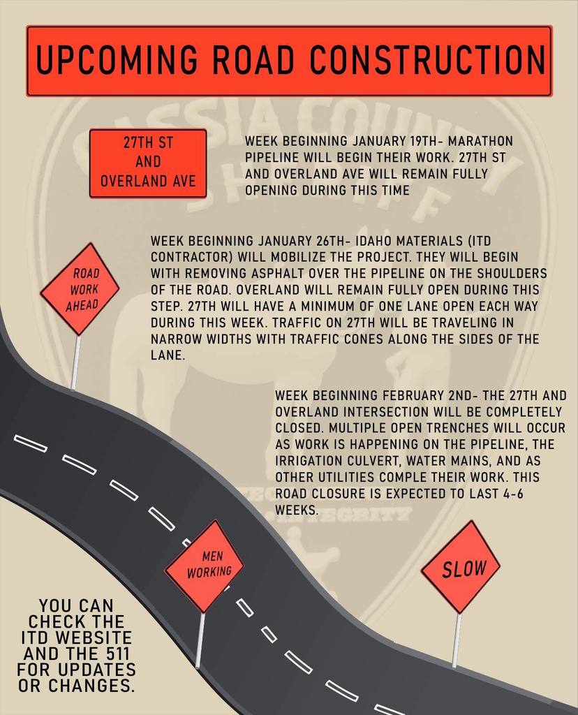 Road construction at the intersection of Overland and 27th Street will be impacting traffic coming to and going from Mountain View Elementary.  Beginning January 26 - Idaho Materials (the ITD contractor) will mobilize the project.  They will begin with removing asphalt over the pipeline on the shoulders of the road.  Overland will remain fully open during this time.  27th Street will have a minimum of one lane open each way during this week.  Traffic on 27th Street will be traveling in narrow widths with traffic cones along the sides of the lane.  Beginning February 2 - The 27th and Overland intersection will be completely closed.  Multiple open trenches will occur as work is happening on the pipeline, the irrigation culvert, water mains, and as other utilities complete their work.  This road closure is expected to last 4 - 6 weeks.  You can check the ITD website and the 511 for updates and changes.