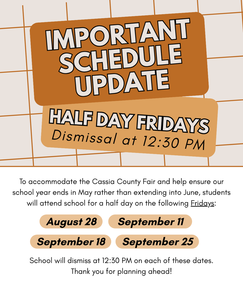 Important schedule update announcing half-day Fridays with 12:30 PM dismissal and the August 28, September 11, September 18, and September 25 school dates.