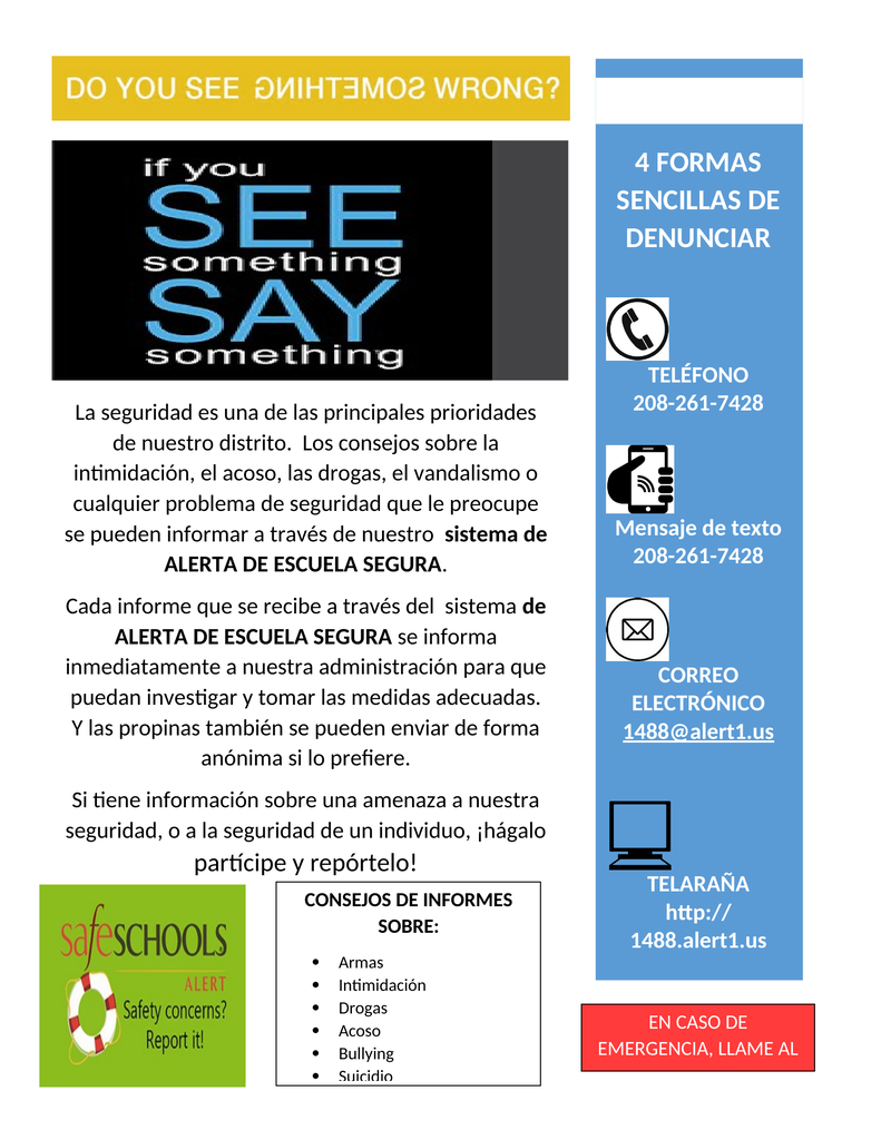 Guía de información de emergencia del Distrito Escolar de Cassia para padres y tutores.