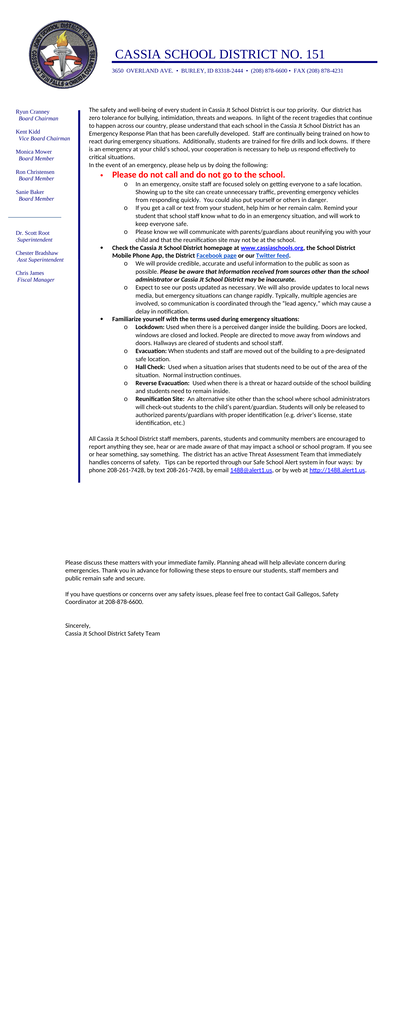 Cassia School District letter outlining school emergency procedures and safety information.