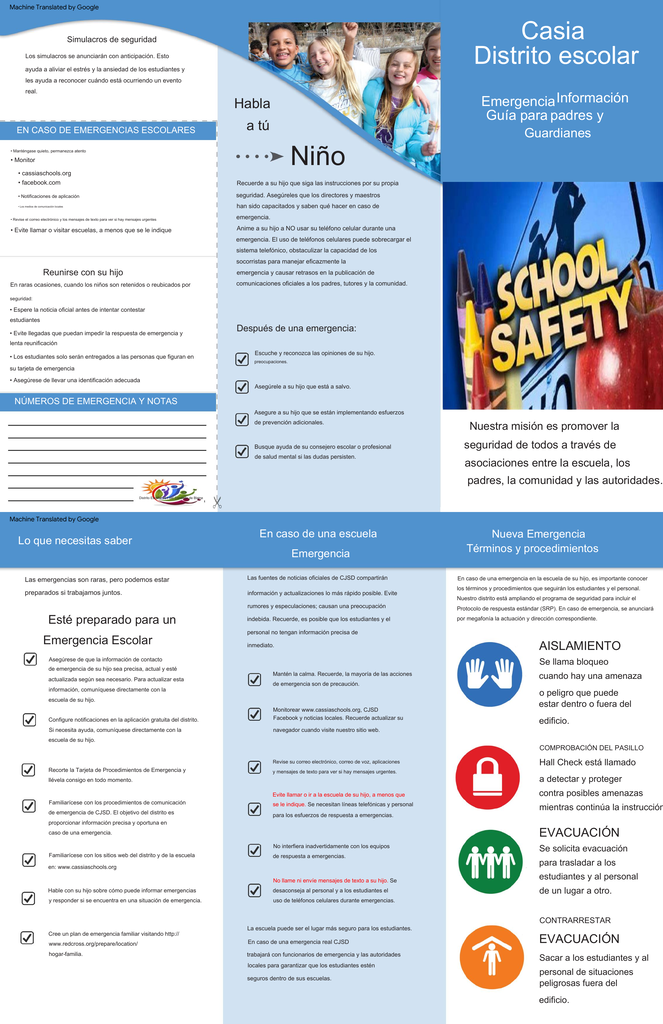 Safe School Alert flyer in Spanish with ways to report school safety concerns.