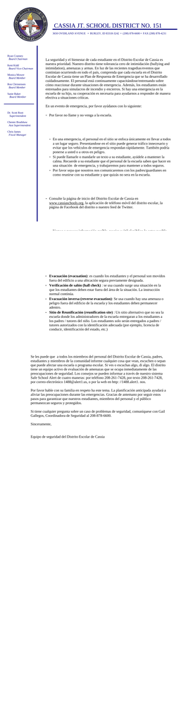 Carta de seguridad del Distrito Escolar de Cassia para padres y tutores, en español.
