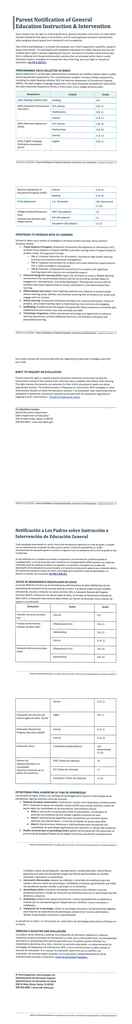 Parent notification explaining Idaho general education instruction, interventions, assessments, and the right to request an evaluation, in English and Spanish.
