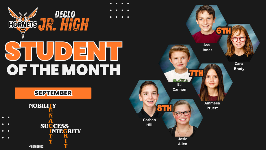Black background with orange text. "Student of the Month" and "September" written in large text. Five students' photos arranged in hexagons.