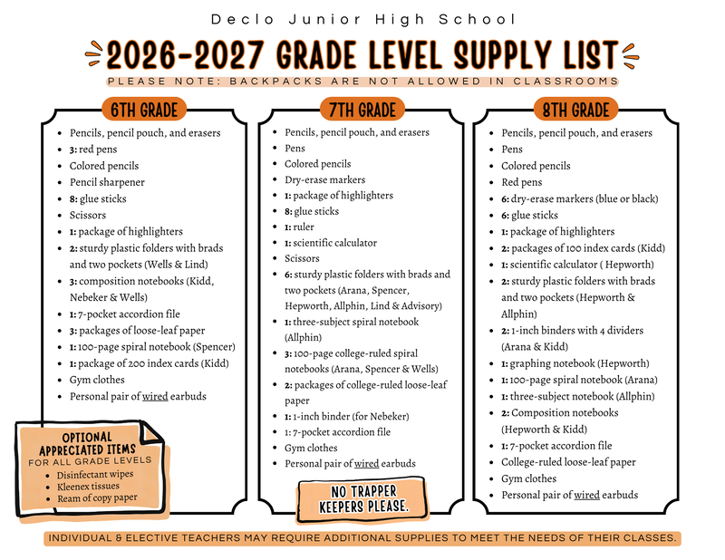 2026–2027 Declo Junior High School supply list with separate required supplies for 6th, 7th, and 8th grades, plus optional donation items and school supply notes.