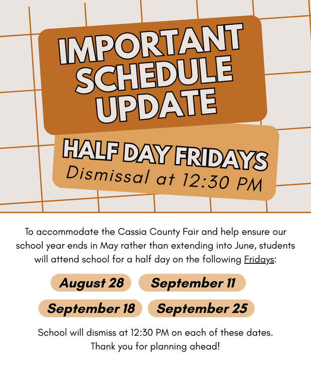 Important schedule update announcing half-day Fridays with 12:30 PM dismissal and the August 28, September 11, September 18, and September 25 school dates.