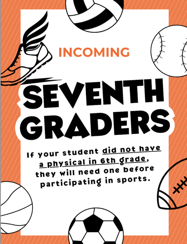 Orange and black sports physical reminder for the 2026–2027 school year, outlining requirements for incoming 7th and 8th graders.