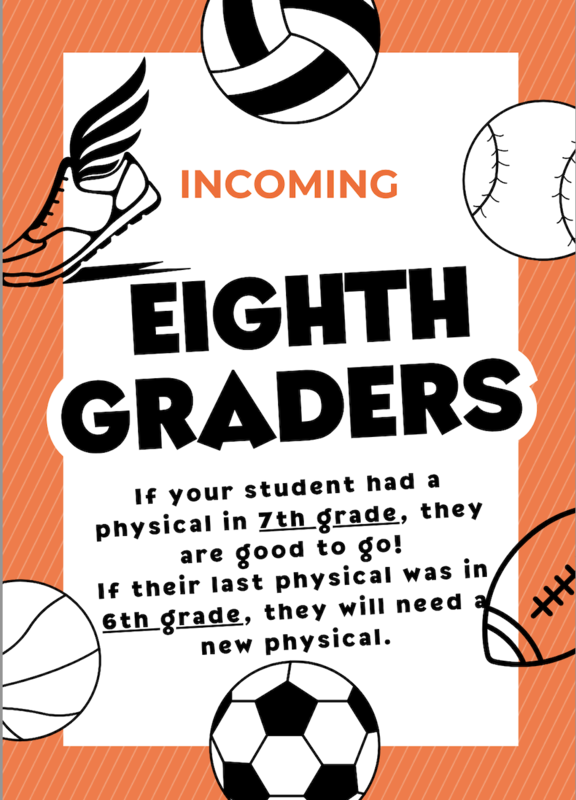 Orange and black sports physical reminder for the 2026–2027 school year, outlining requirements for incoming 7th and 8th graders.