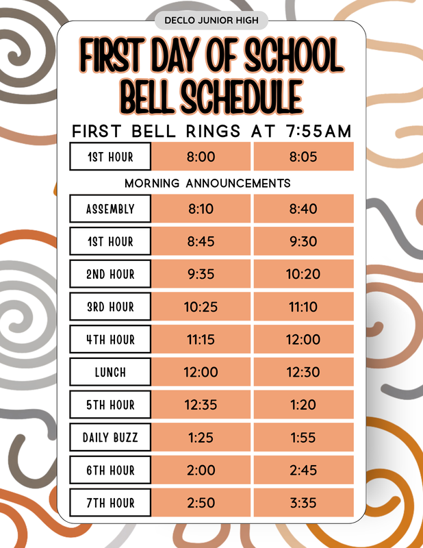 First-day modified bell schedule for Declo Junior High, including an assembly and regular dismissal at 3:35 p.m.