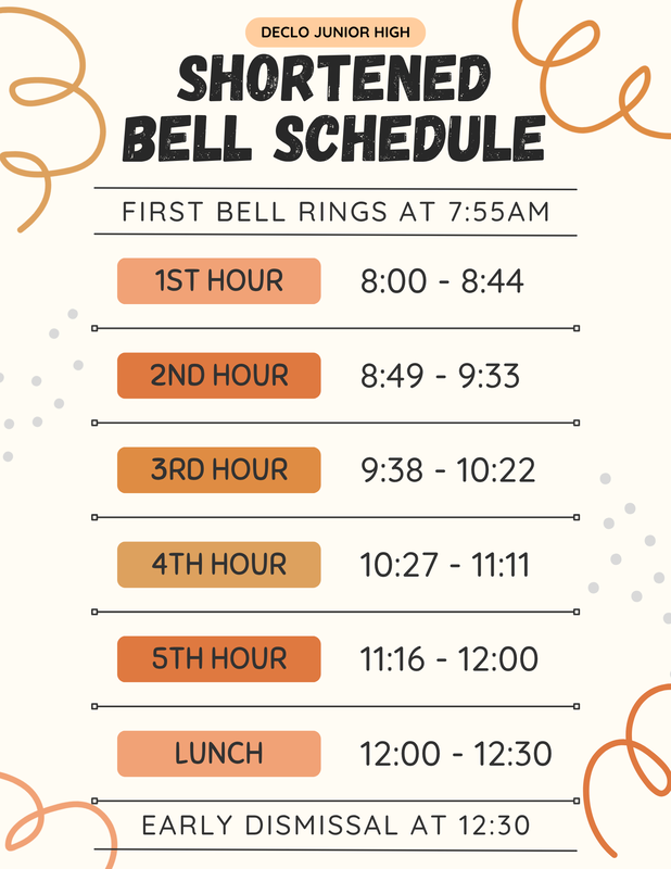 Shortened Friday bell schedule with early dismissal at 12:30 p.m.