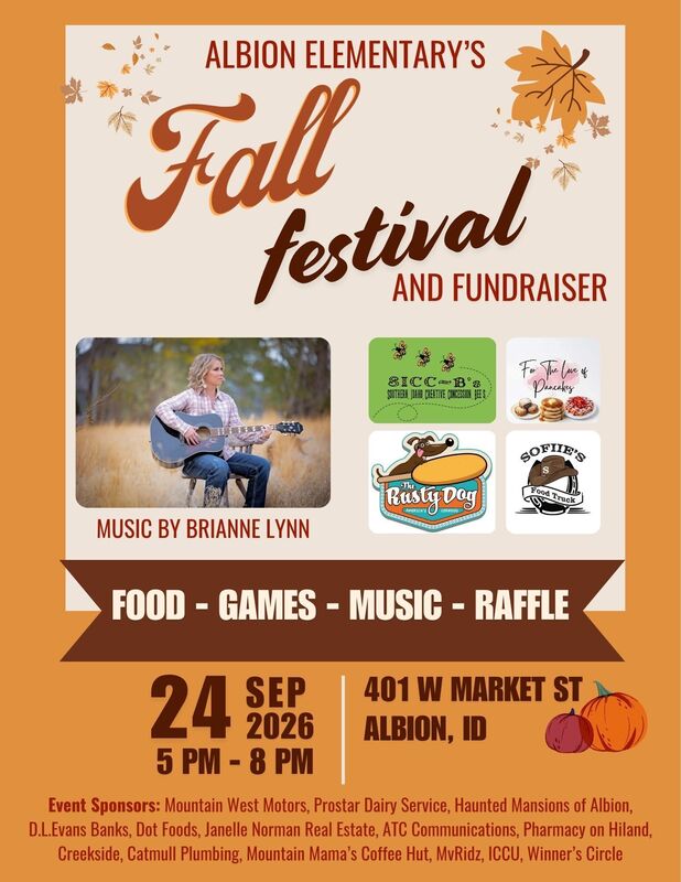 Fall-themed flyer for Albion Elementary's Fall Festival and Fundraiser on September 24, 2026, featuring food, games, music, raffle prizes, local vendors, and live music.