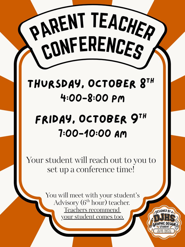 The graphic features an orange and white sunburst background with a student-designed DJHS Graphic Design logo in the corner.
