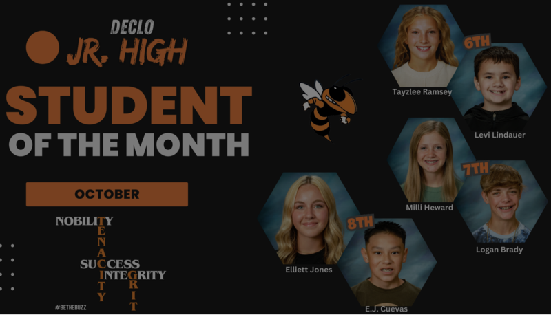 Declo Junior High Student of the Month graphic for October featuring student portraits and the hornet mascot.