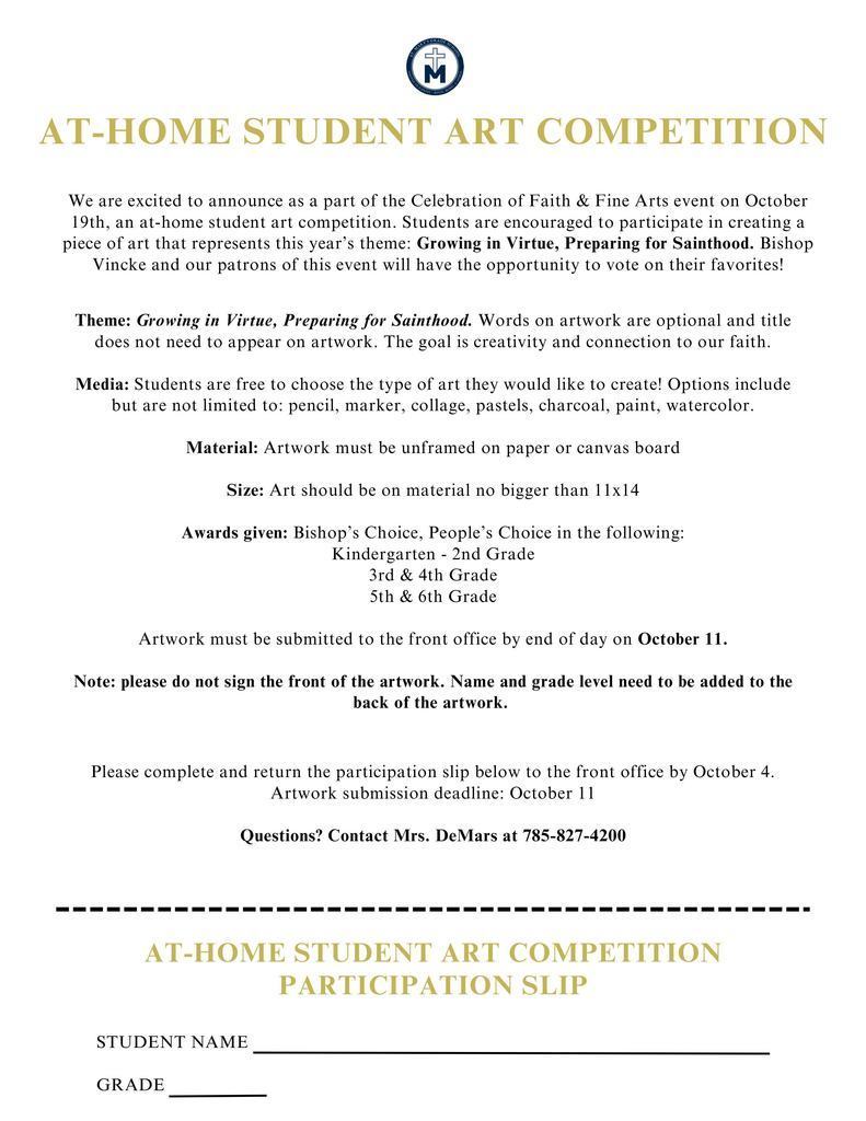 At-home student art competition flyer. Call 785-827-4200 for more details.