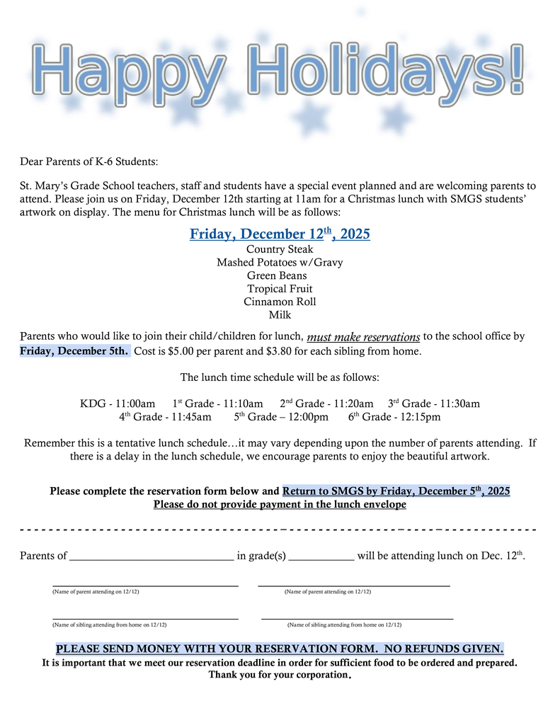 Parent Christmas Lunch reservation - December 12th 