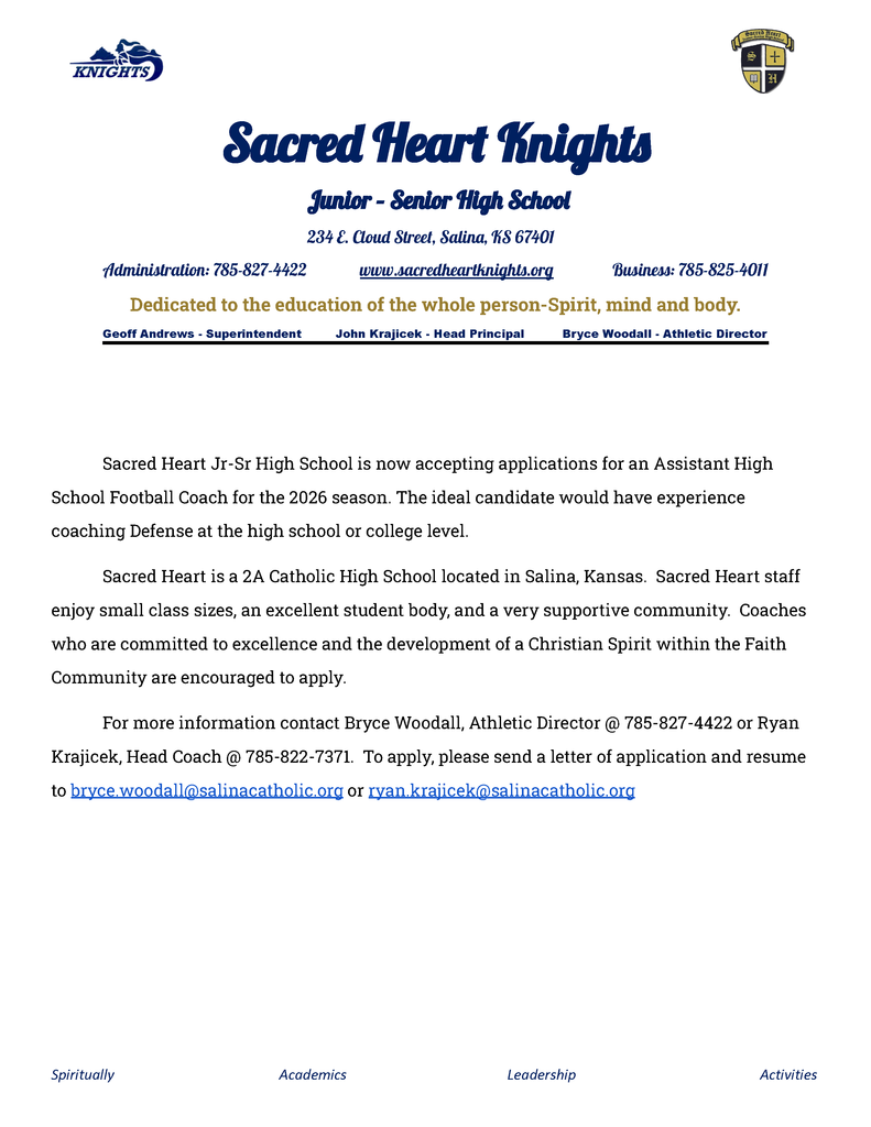 Sacred Heart Jr/Sr High School is hiring for a High School Assistant Football Coach! 🏈 To inquire, please contact Bryce or Ryan! Go Knights! 💙💛