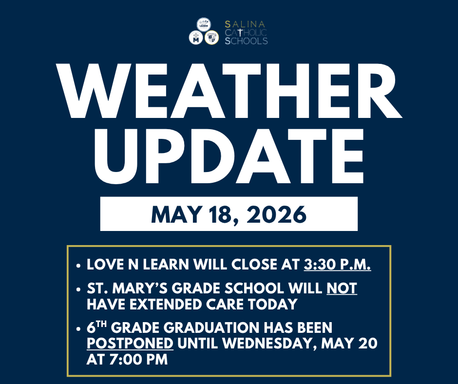 ‼️Due to the severe weather expected this afternoon, Love 'N Learn will close today at 3:30 PM to help keep our children, families, and staff safe. Please make arrangements to pick up your child by that time. ‼️Additionally, St. Mary's Grade School Extended Care will be canceled today. Please make arrangements to have your child picked up at regular dismissal time. ‼️6th Grade Graduation will be postponed until Wednesday, May 20th at 7:00 PM. Thank you for your understanding, flexibility, and support as we prioritize safety of our students, families, and staff. Please stay safe! 🩵