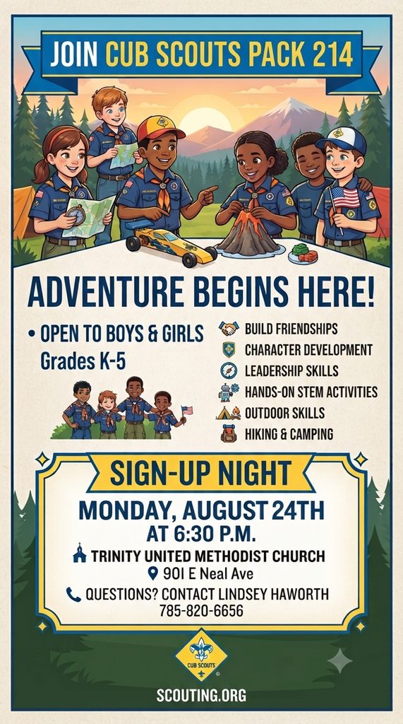 🌲 Adventure awaits! Join Cub Scouts Pack 214! 🏕️ 📅 Tonight at 6:30 p.m. 📍 Trinity United Methodist Church Open to boys & girls in grades K–5!