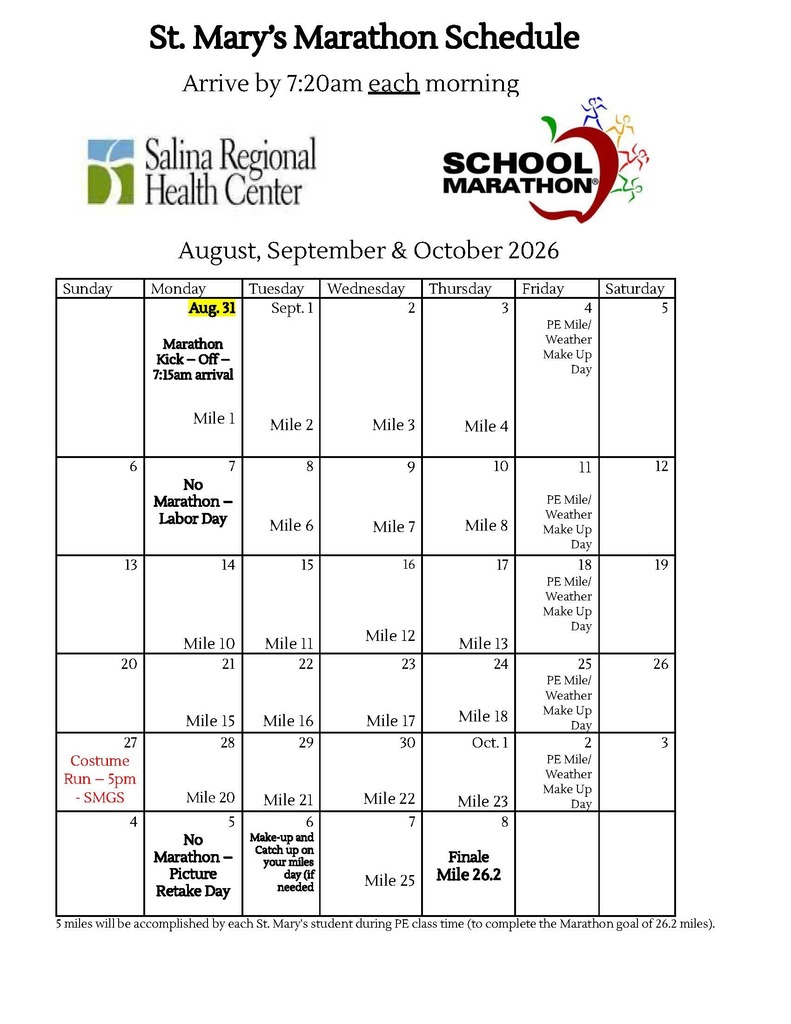 Marathon Calendar 2026 - August 31st Kick Off - 7:15am - Kansas Wesleyan Track