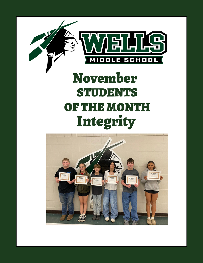 Catoosa Indian Head with Wells Middle School November Student of the Month With students posing with certificates.