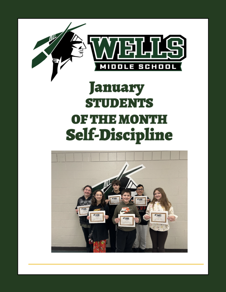 Wells Middle school with indian head logo January Students of the month posing with awards
